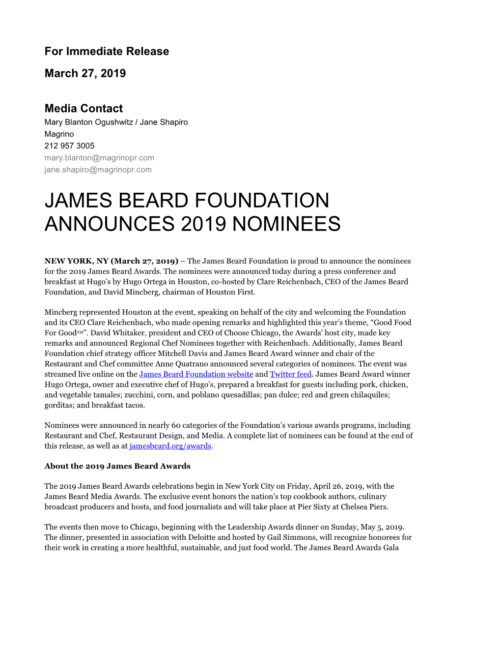 James Beard Foundation Announces 2019 Nominees