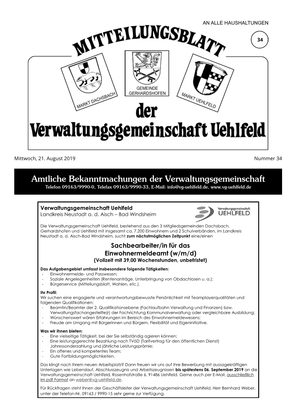 Amtliche Bekanntmachungen Der Verwaltungsgemeinschaft Telefon 09163/9990-0, Telefax 09163/9990-33, E-Mail: Info@Vg-Uehlfeld.De