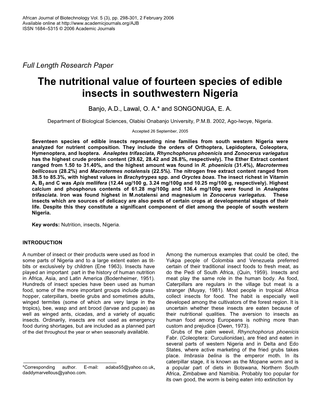 The Nutritional Value of Fourteen Species of Edible Insects in Southwestern Nigeria