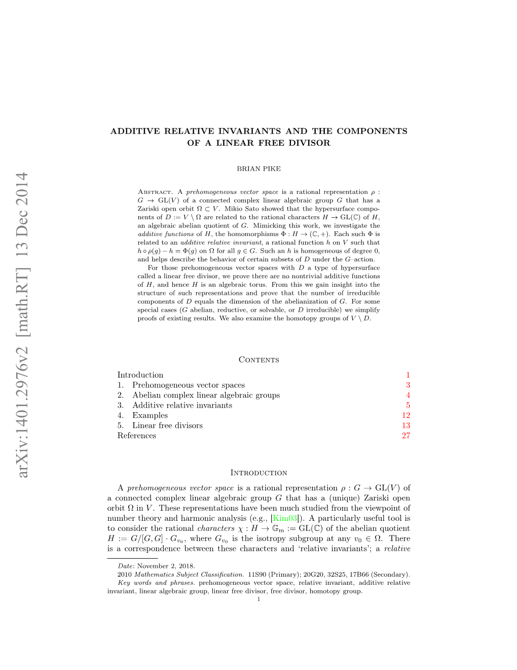 Additive Relative Invariants and the Components of a Linear Free Divisor