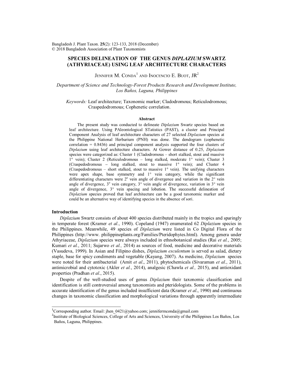 Species Delineation of the Genus Diplazium Swartz (Athyriaceae) Using Leaf Architecture Characters