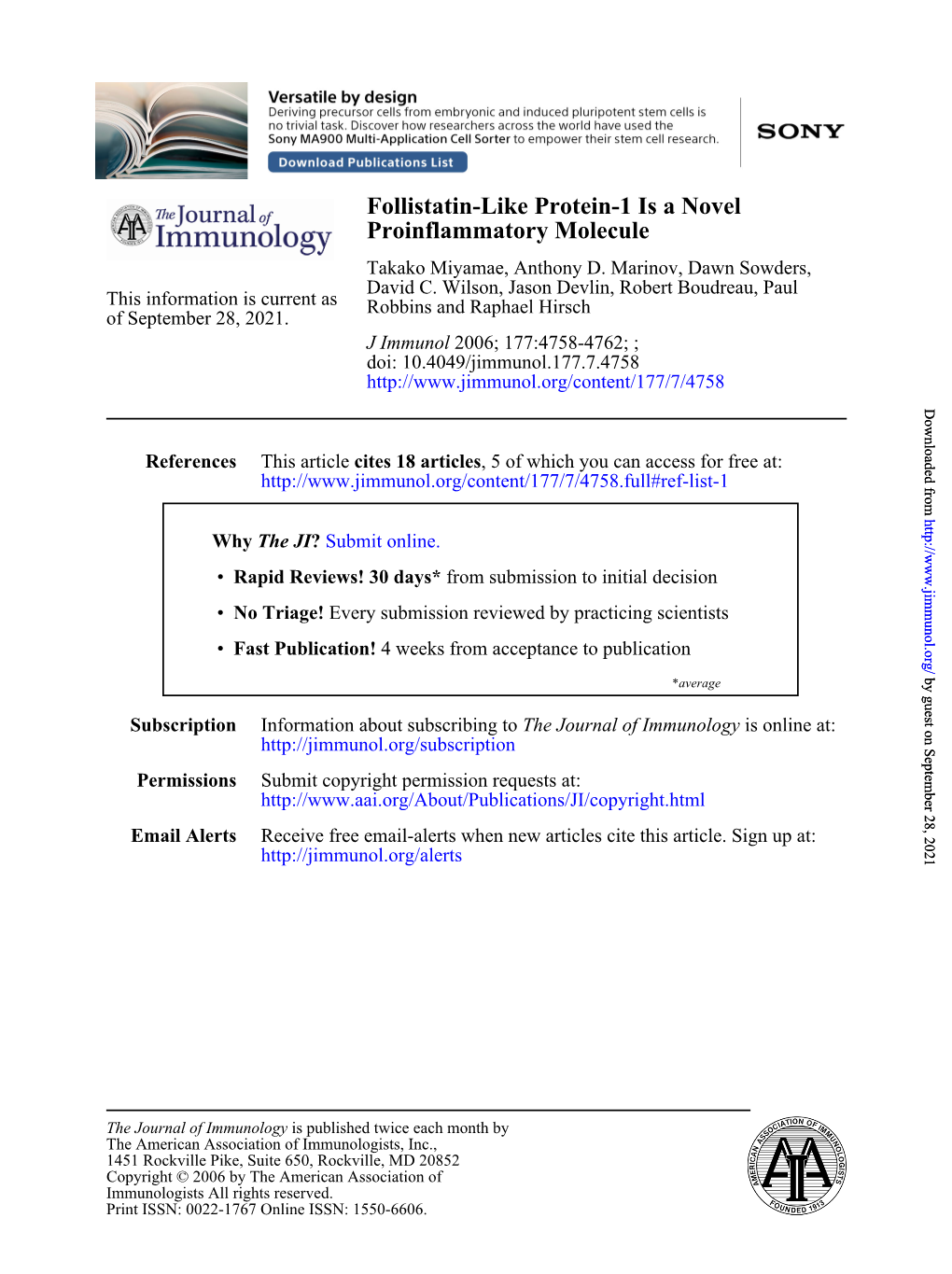 Proinflammatory Molecule Follistatin-Like Protein-1 Is a Novel