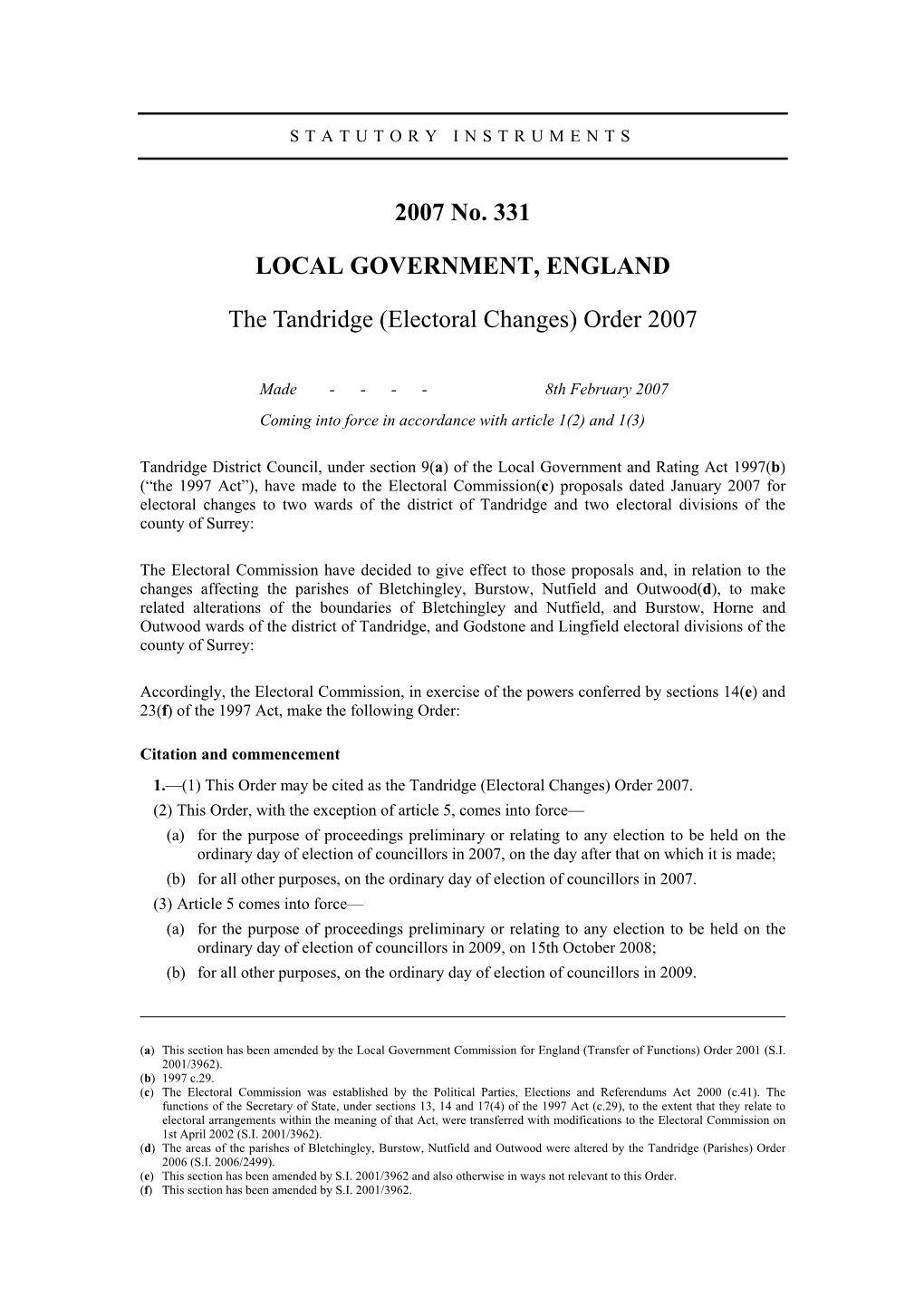 The Tandridge (Electoral Changes) Order 2007