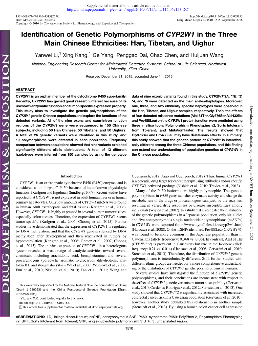 Identification of Genetic Polymorphisms of CYP2W1 in the Three Main Chinese Ethnicities: Han, Tibetan, and Uighur