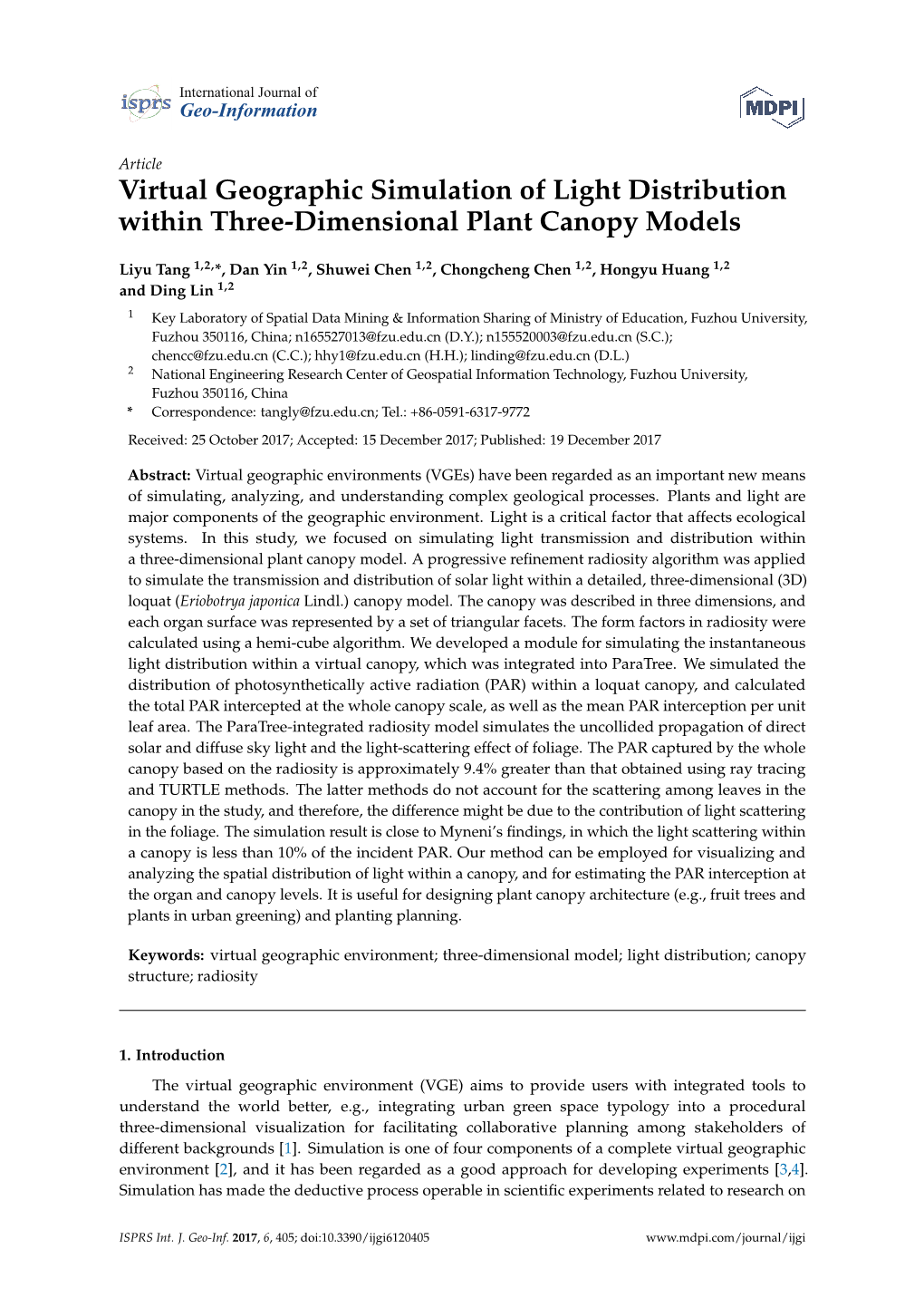 Virtual Geographic Simulation of Light Distribution Within Three-Dimensional Plant Canopy Models