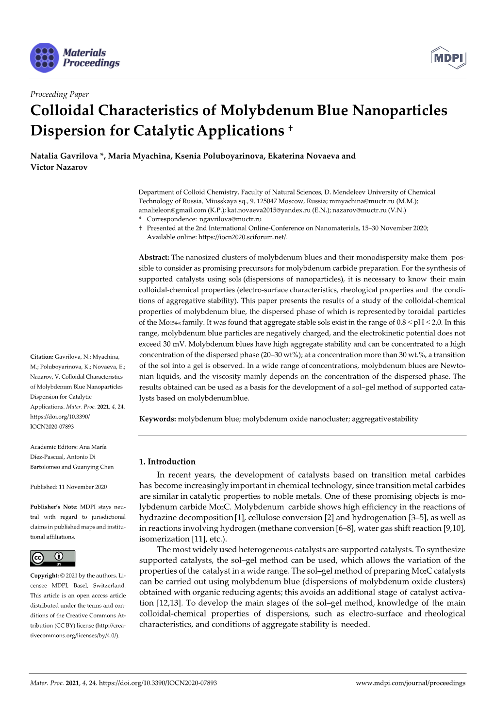 Colloidal Characteristics of Molybdenum Blue Nanoparticles Dispersion for Catalytic Applications †