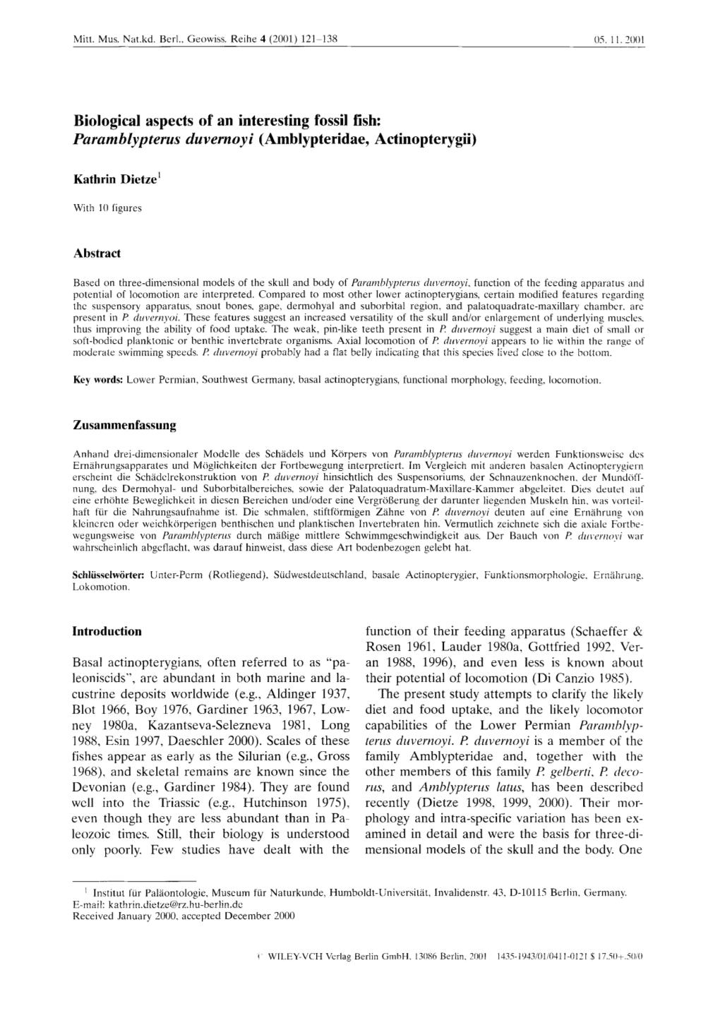 Biological Aspects of an Interesting Fossil Fish: Paramblypterus Duvernoy I (Amblypteridae, Actinopterygii)