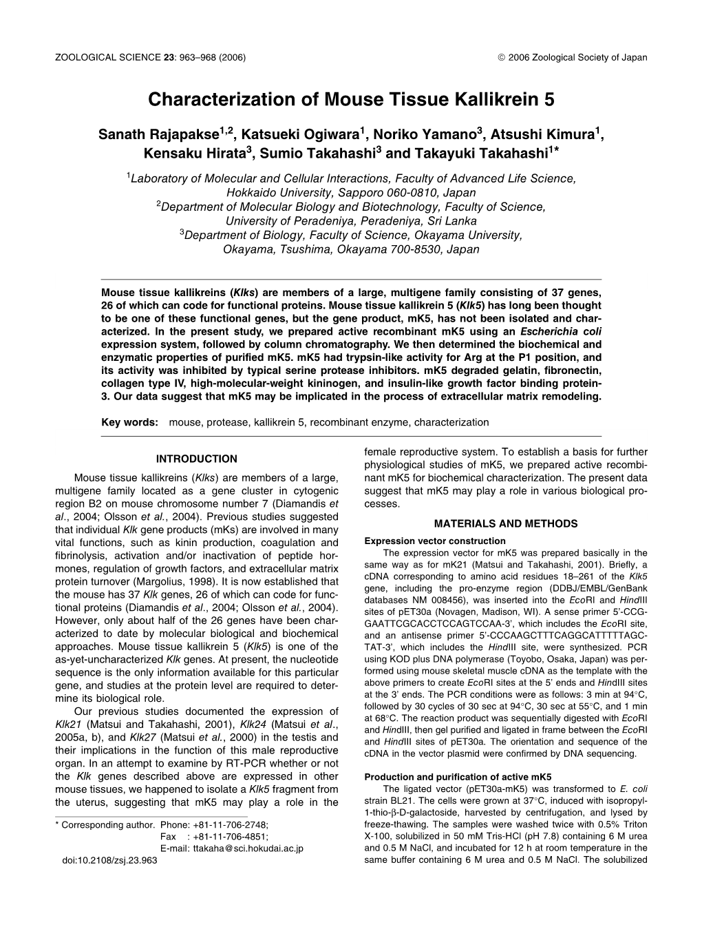 Characterization of Mouse Tissue Kallikrein 5