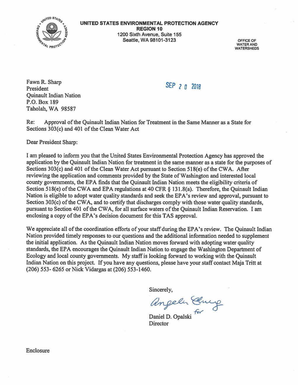 Approval of Quinault Indian Nation for Treatment in the Same Manner As a State for Sections 303(Cd) and 401 of the Clean Water A