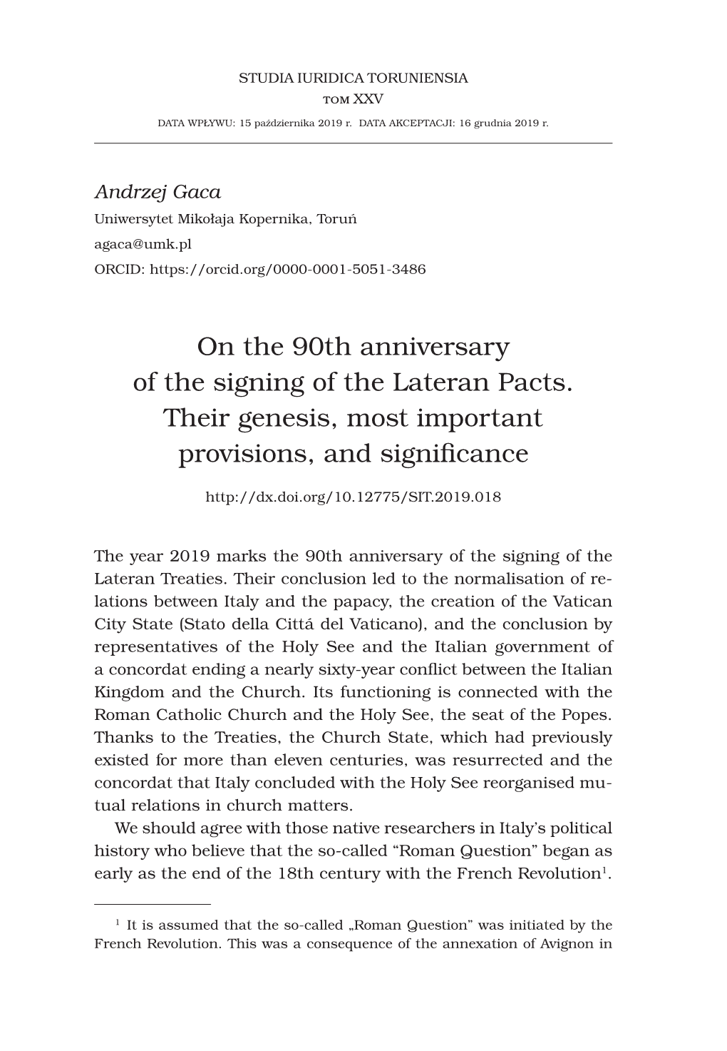 On the 90Th Anniversary of the Signing of the Lateran Pacts. Their Genesis, Most Important Provisions, and Significance