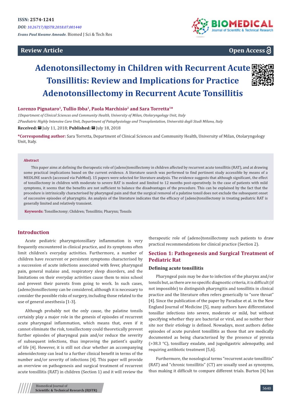 Adenotonsillectomy in Children with Recurrent Acute Tonsillitis: Review and Implications for Practice Adenotonsillectomy in Recurrent Acute Tonsillitis