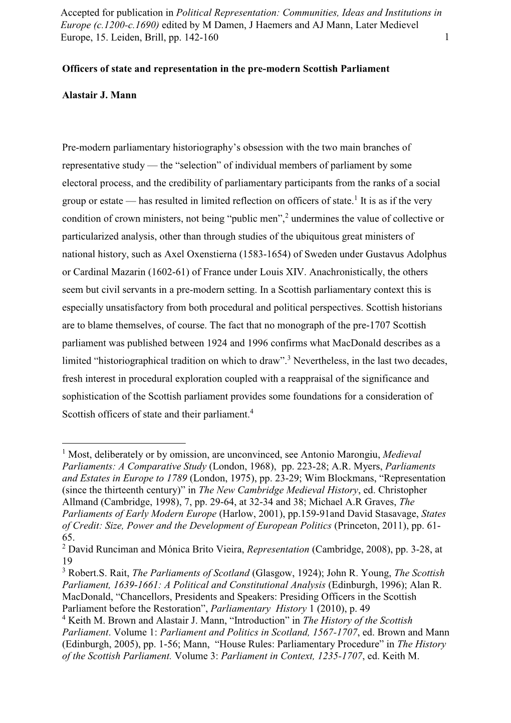 Officers of State and Representation in the Pre-Modern Scottish Parliament