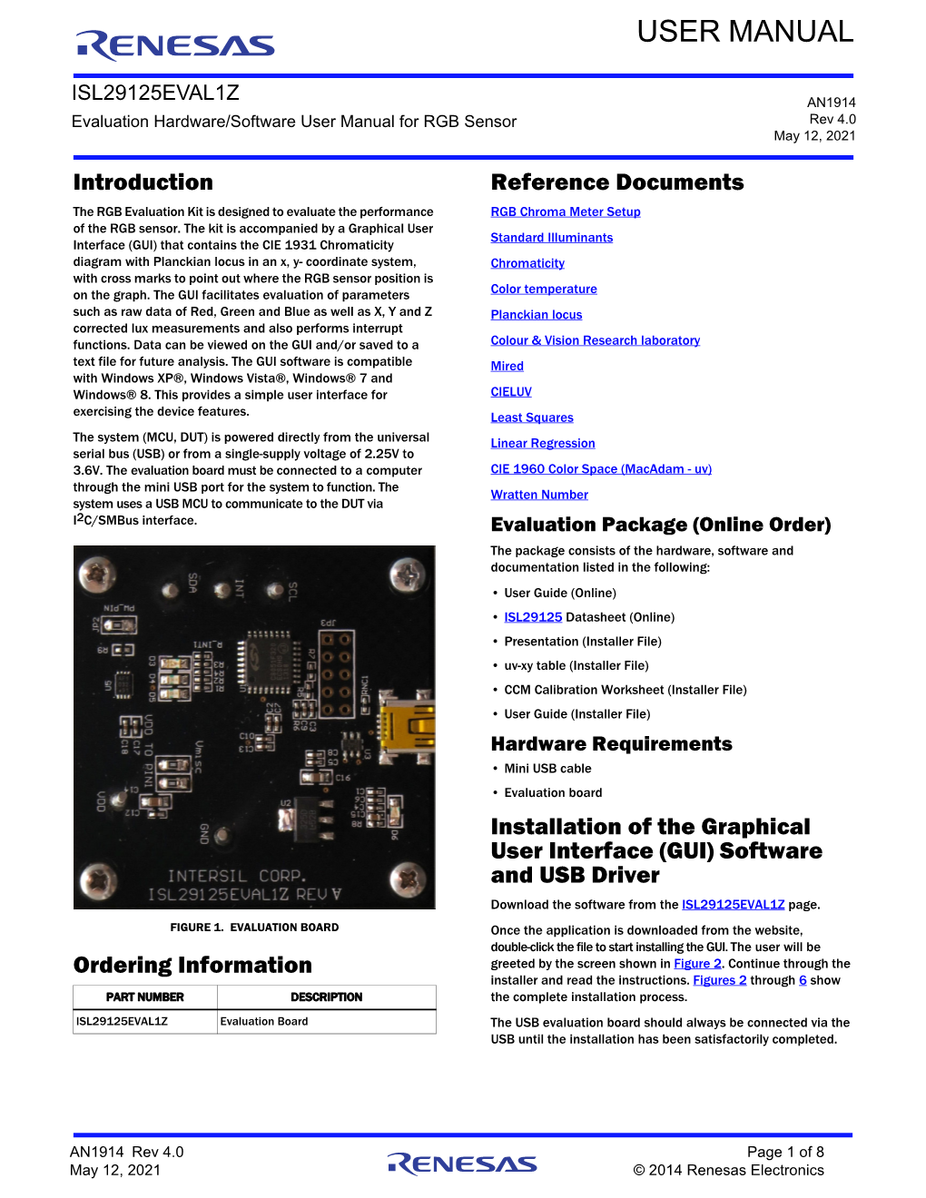 ISL29125EVAL1Z Evaluation Board Manual