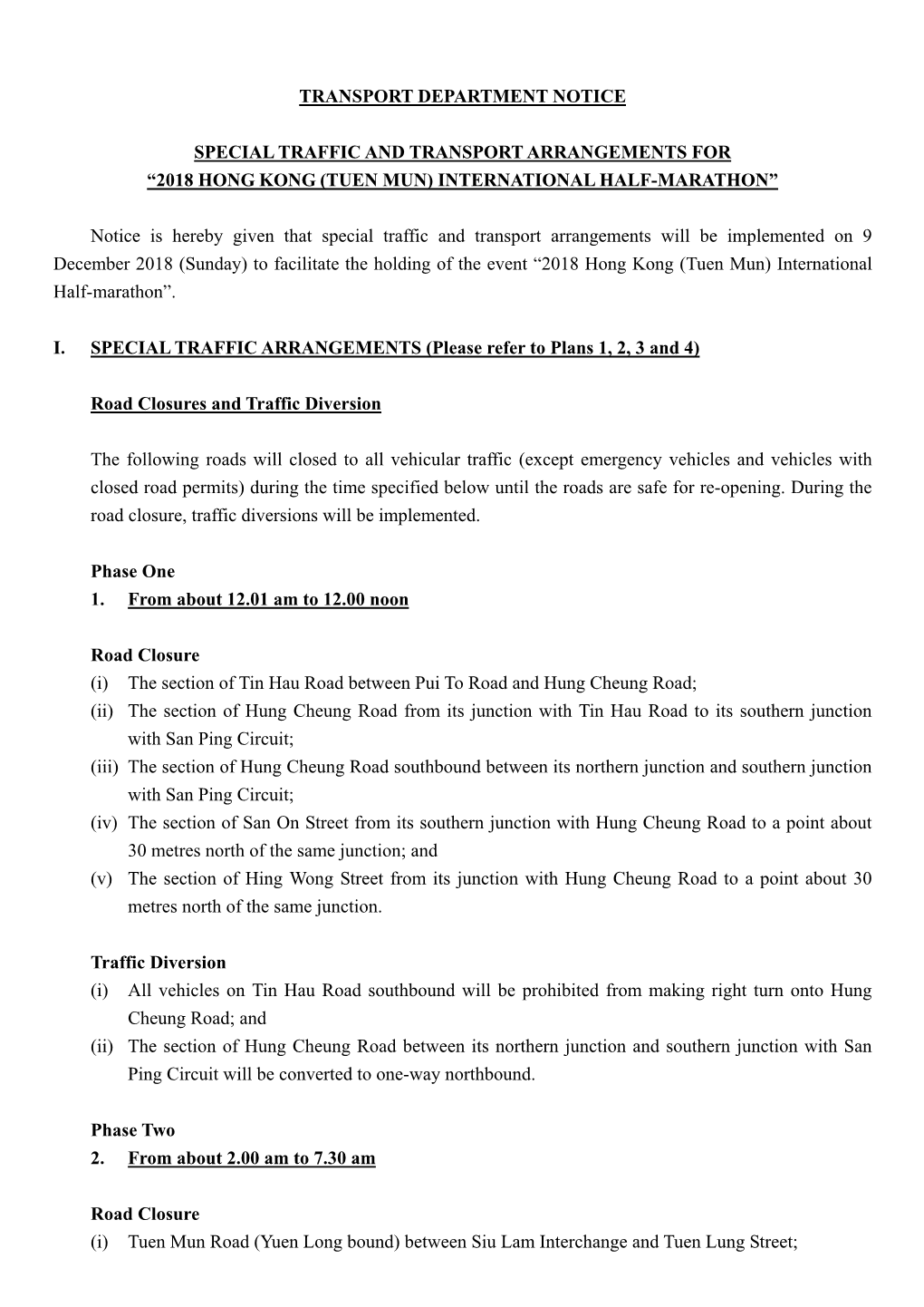 Transport Department Notice Special Traffic and Transport Arrangements for “2018 Hong Kong (Tuen Mun) International Half-Marat