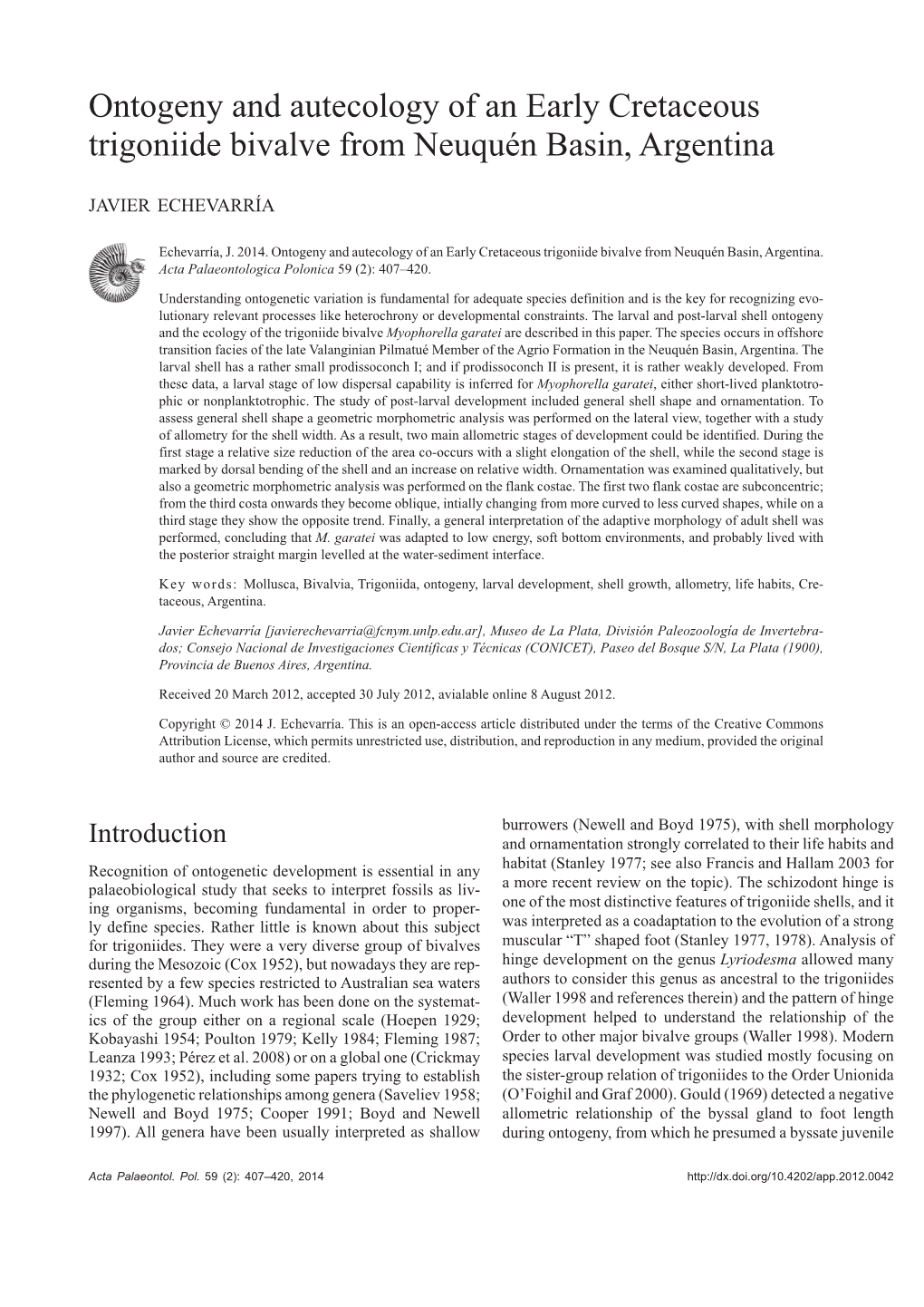 Ontogeny and Autecology of an Early Cretaceous Trigoniide Bivalve from Neuquén Basin, Argentina