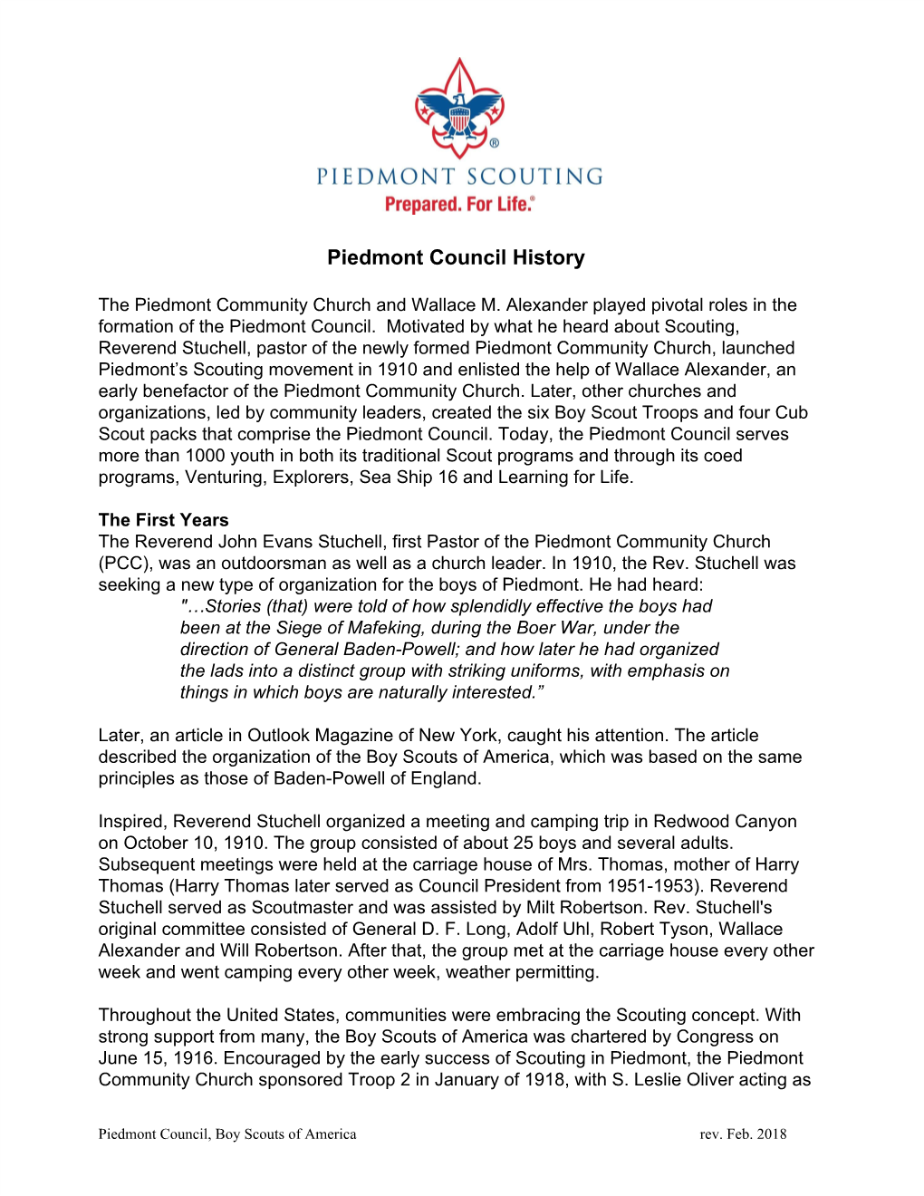 Piedmont Council History