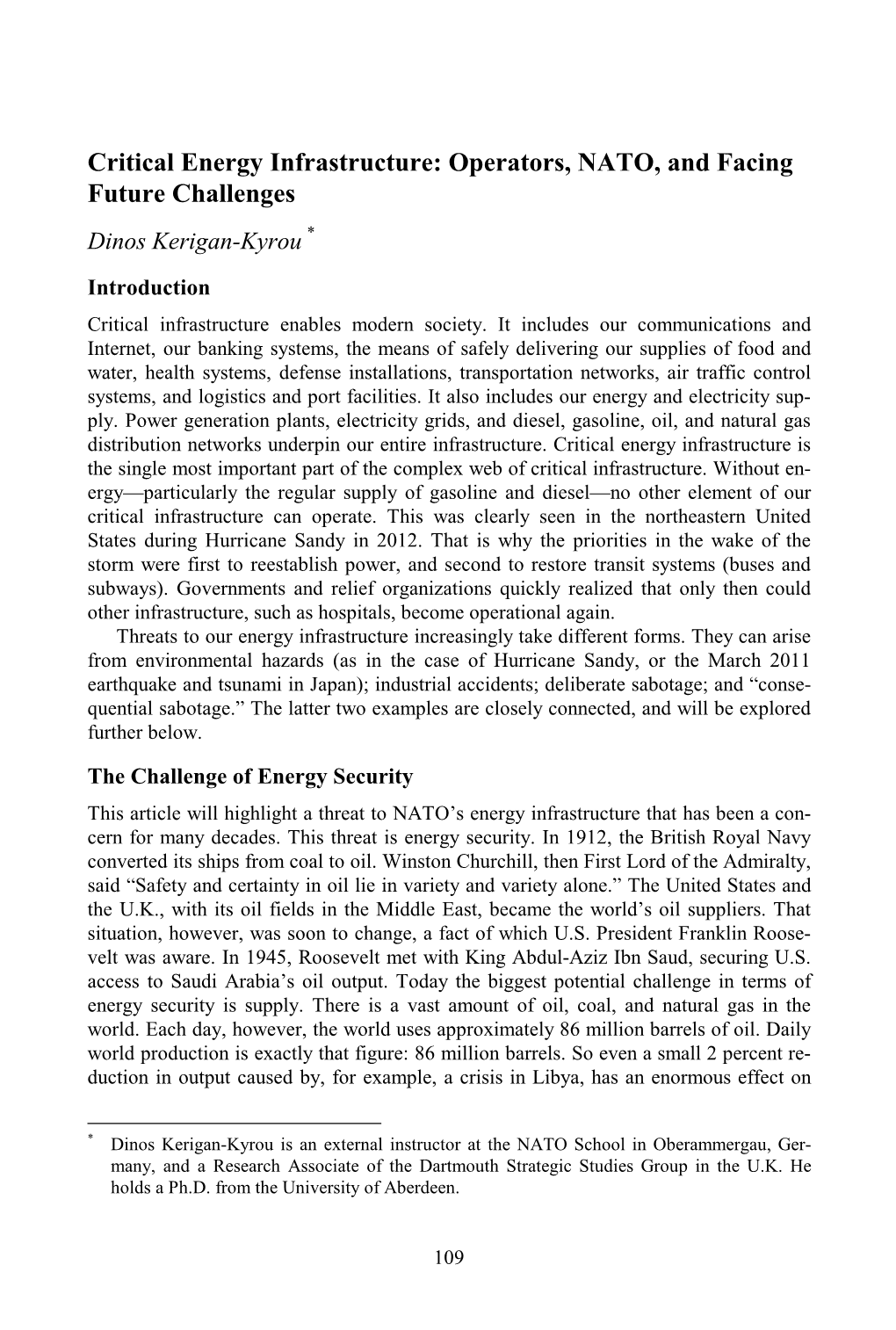 Critical Energy Infrastructure: Operators, NATO, and Facing Future Challenges