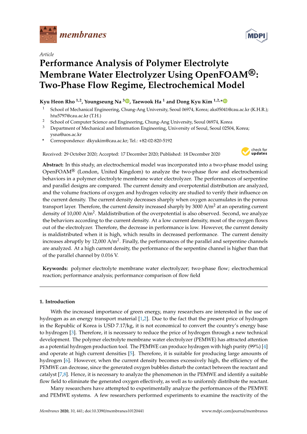 Performance Analysis of Polymer Electrolyte Membrane Water Electrolyzer Using Openfoam®: Two-Phase Flow Regime, Electrochemical Model