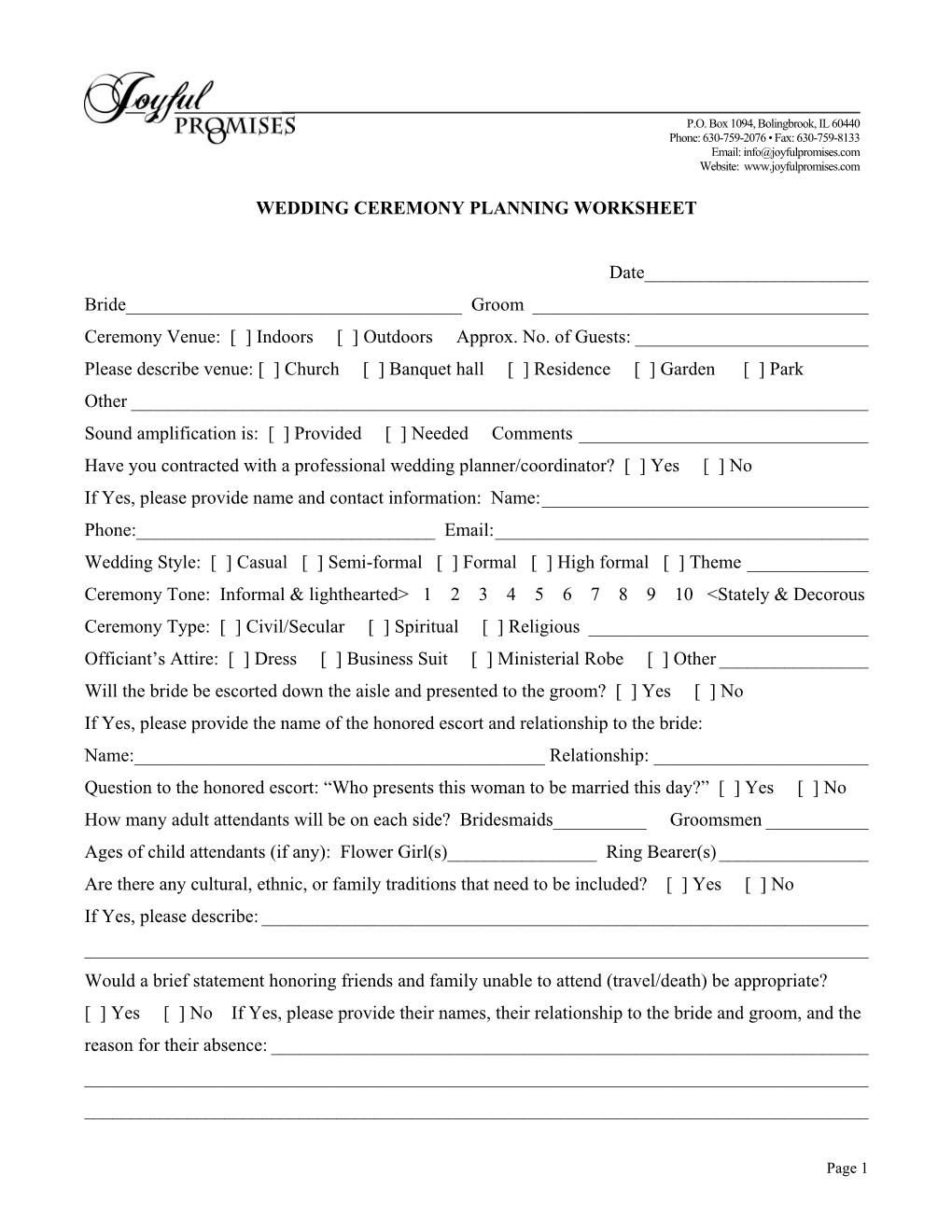 Wedding Ceremony Planning Worksheet