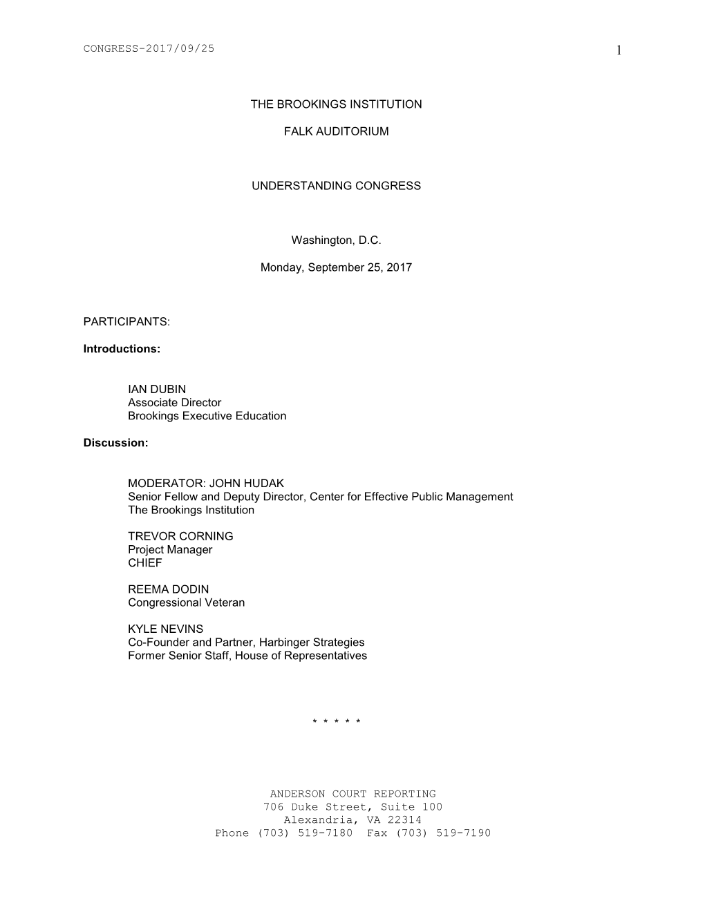 CONGRESS-2017/09/25 ANDERSON COURT REPORTING 706 Duke Street, Suite 100 Alexandria, VA 22314 Phone