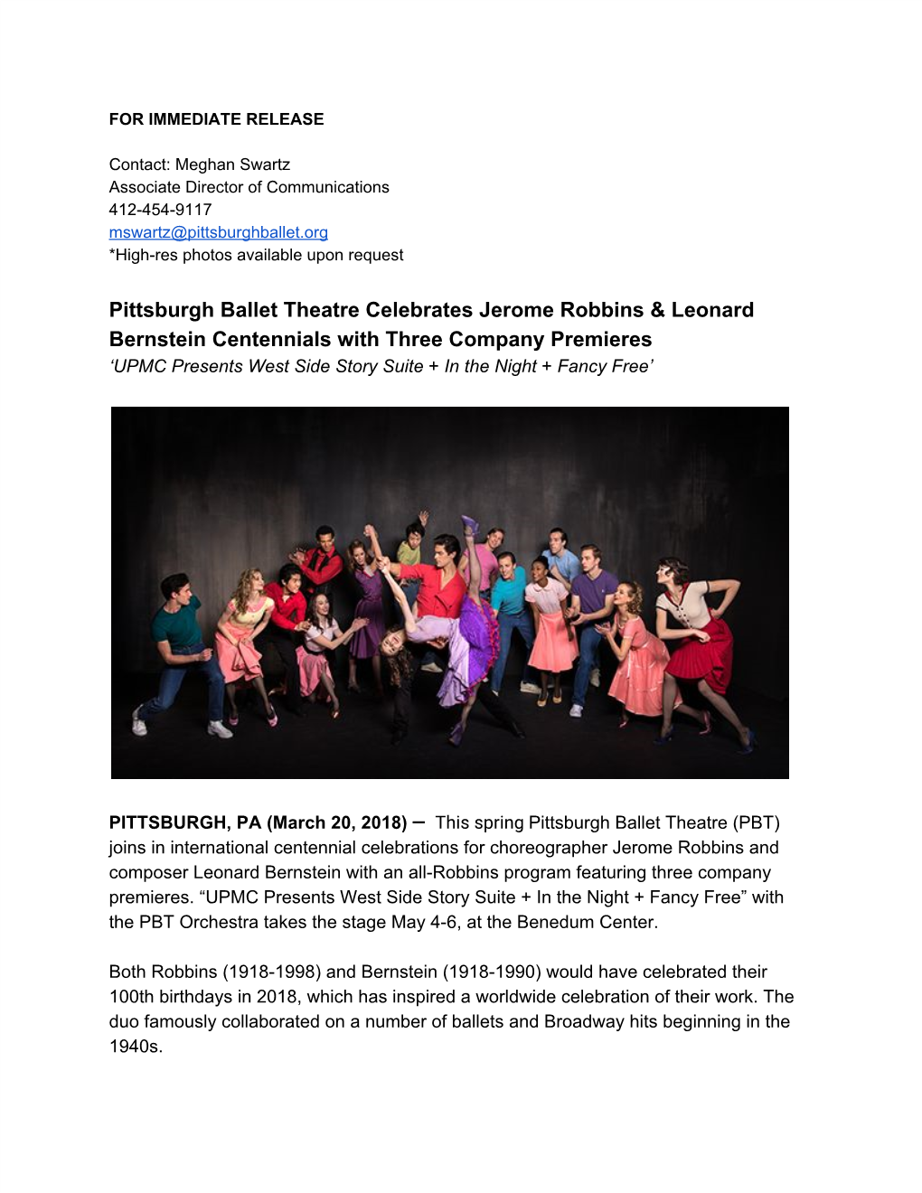 Pittsburgh Ballet Theatre Celebrates Jerome Robbins & Leonard