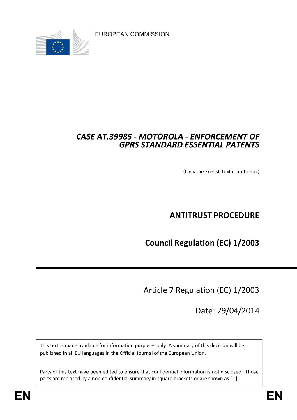 Motorola - Enforcement of Gprs Standard Essential Patents