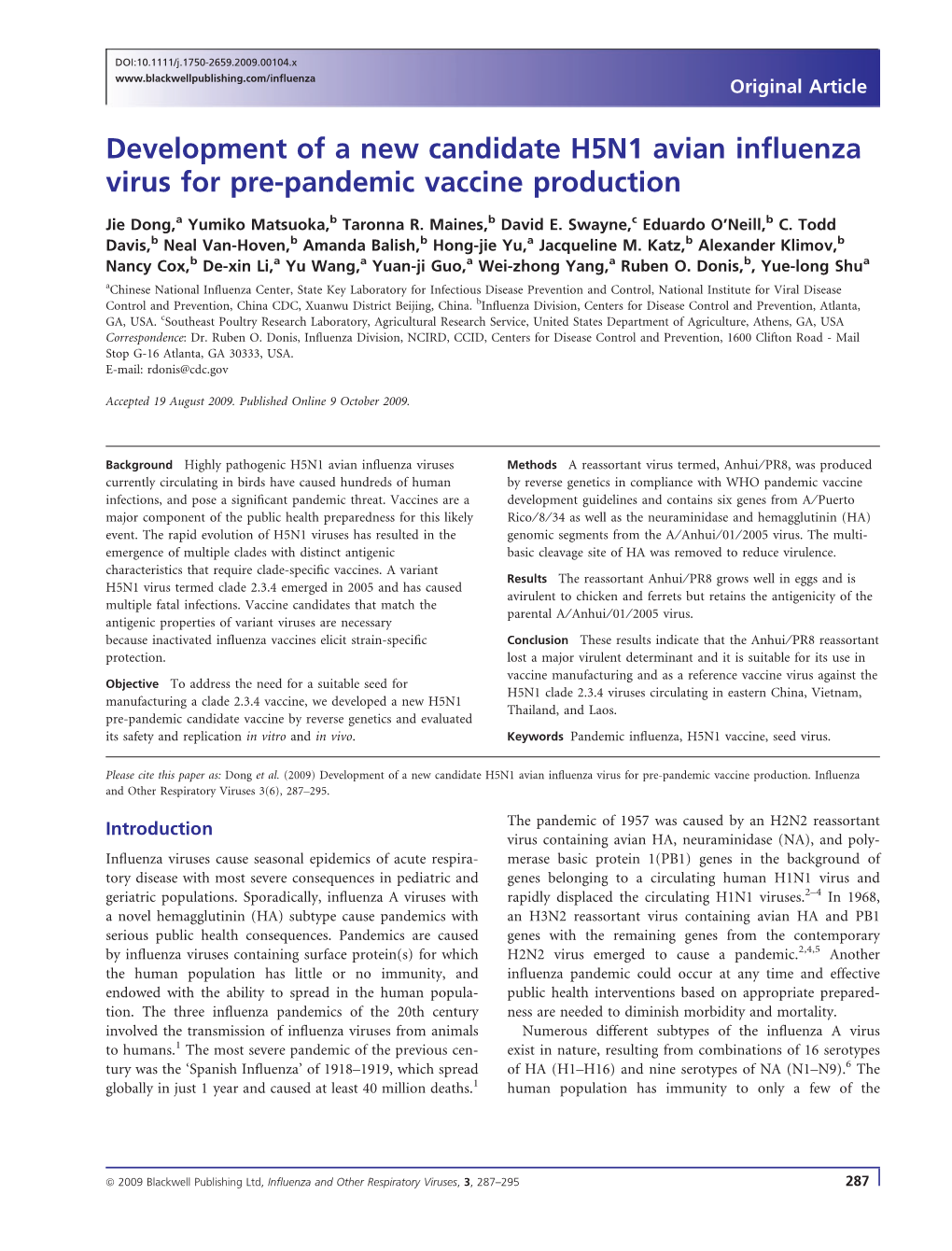 Development of a New Candidate H5N1 Avian Influenza Virus for Pre