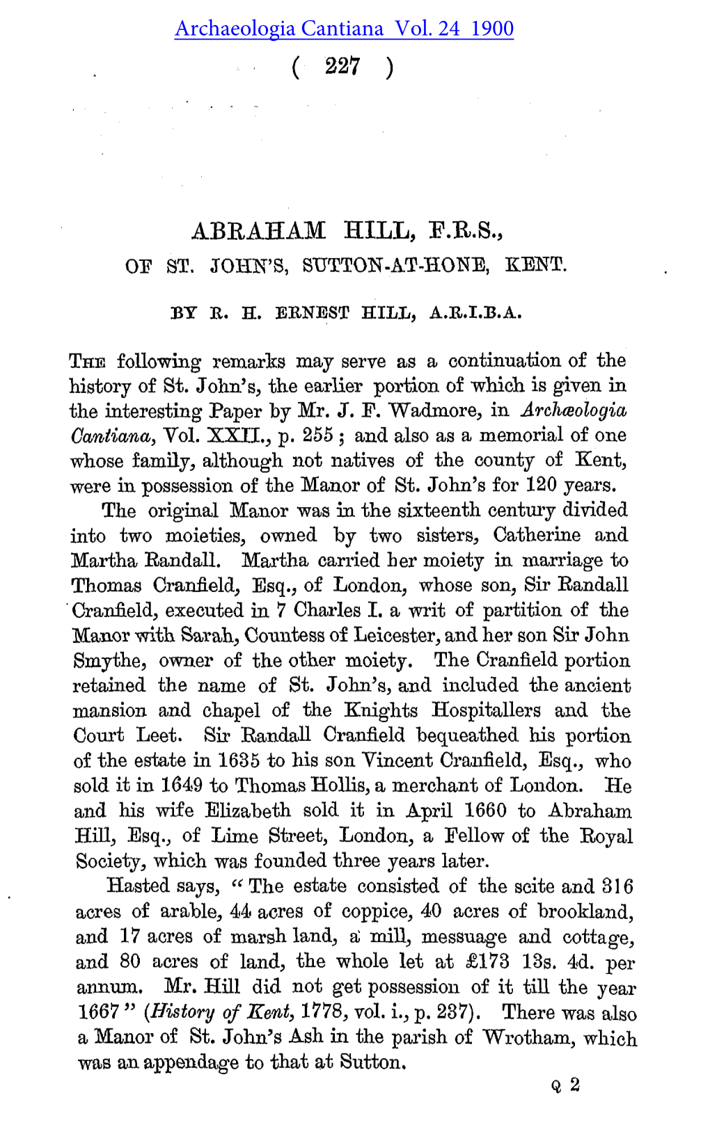 Abraham Hill, F.R.S., of St John's, Sutton-At-Hone