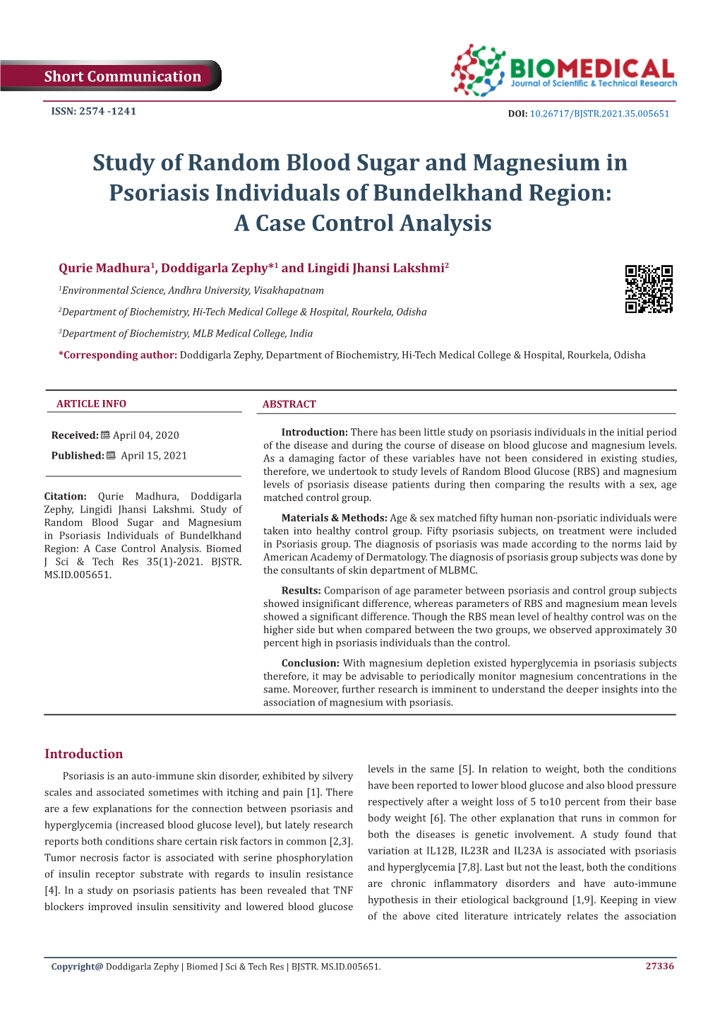 Study of Random Blood Sugar and Magnesium in Psoriasis Individuals of Bundelkhand Region: a Case Control Analysis