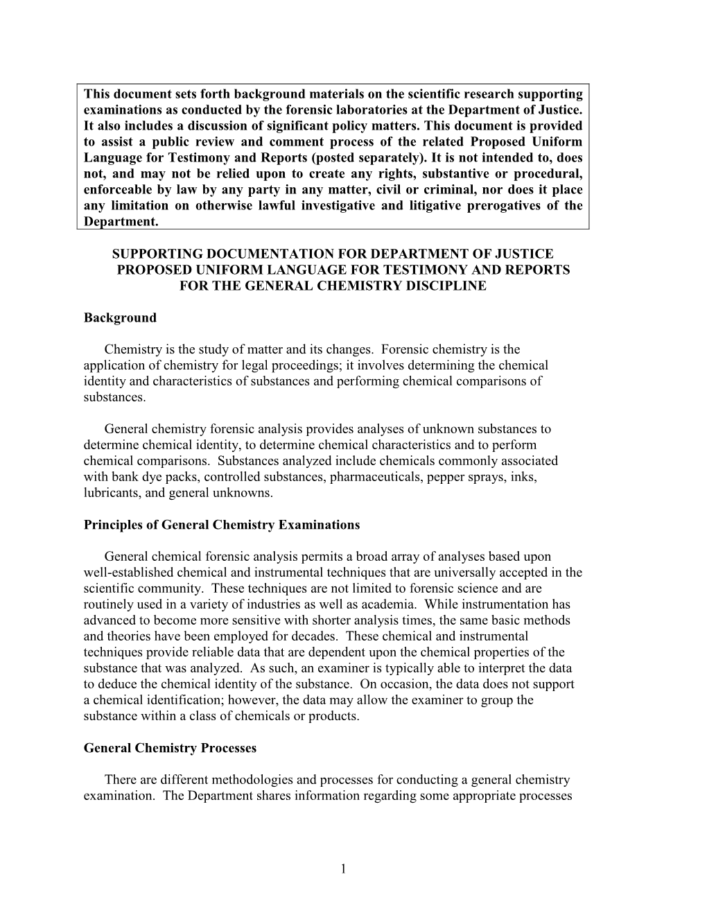 Supporting Documentation for Department of Justice Proposed Uniform Language for Testimony and Reports for the General Chemistry Discipline