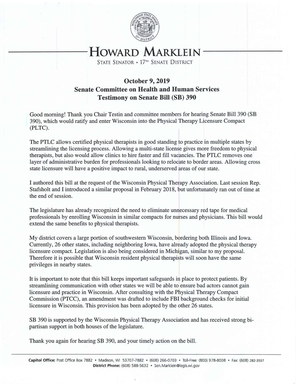 Howard Marklein State Senator * 17™ Senate District