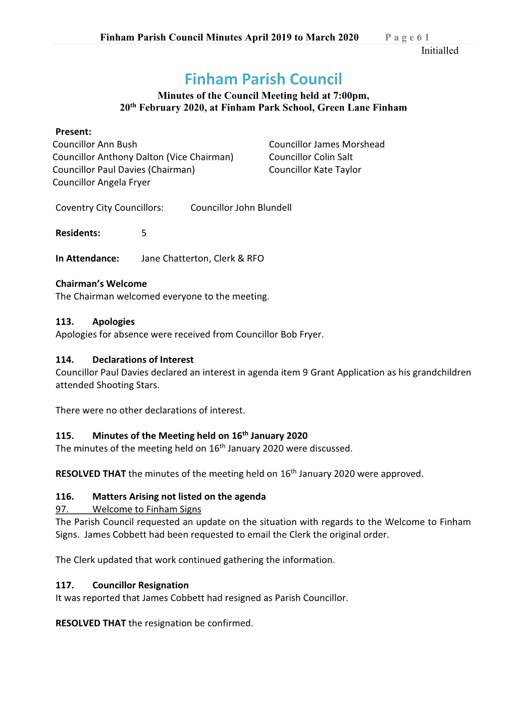 Finham Parish Council Minutes April 2019 to March 2020 P a G E 61 Initialled
