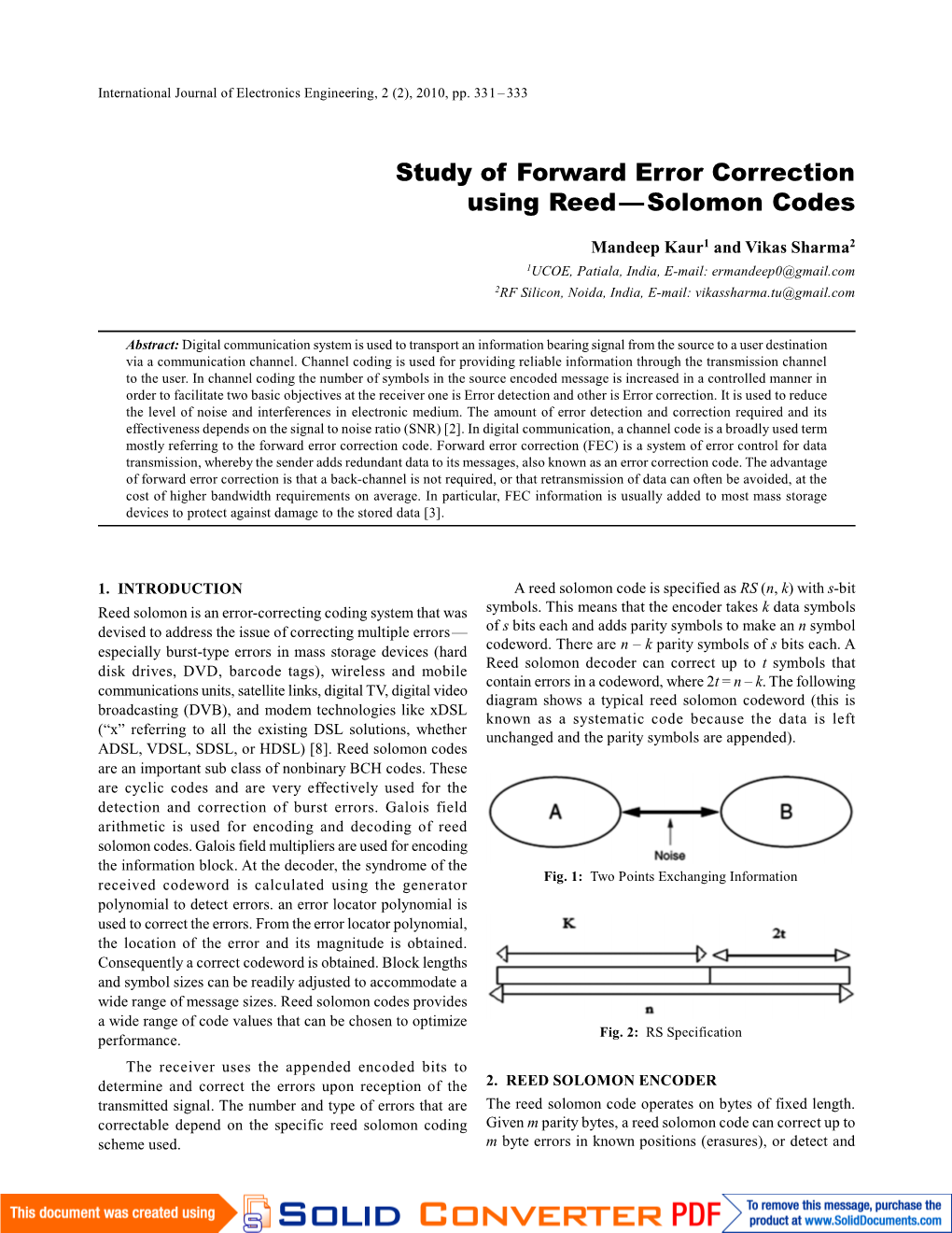 Study of Forward Error Correction Using Reed—Solomon Codes