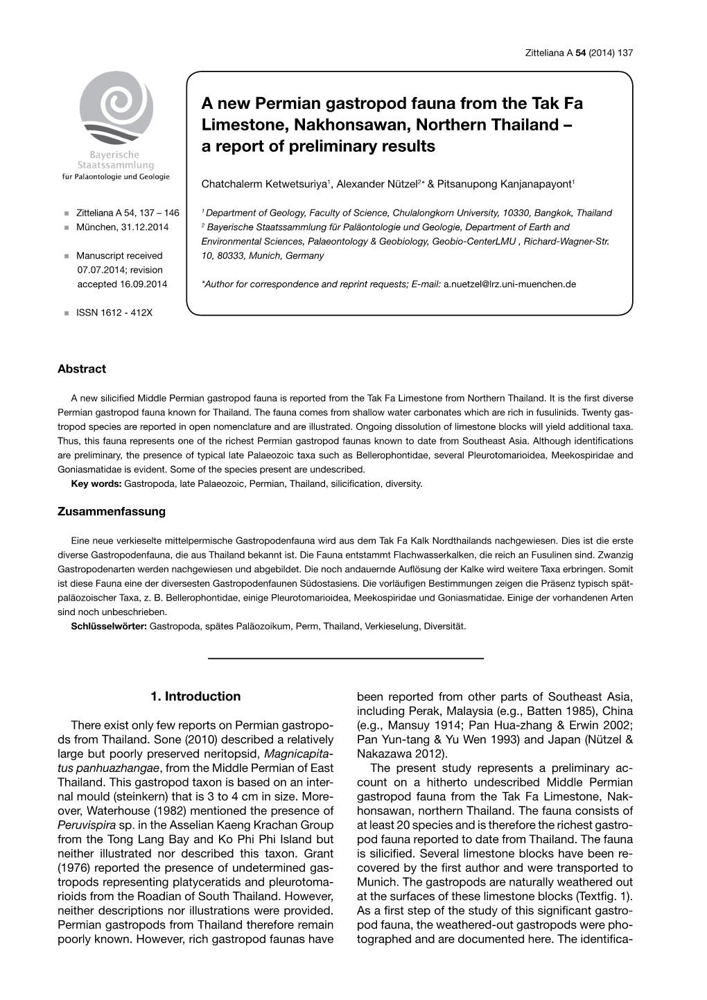 A New Permian Gastropod Fauna from the Tak Fa Limestone, Nakhonsawan, Northern Thailand – a Report of Preliminary Results