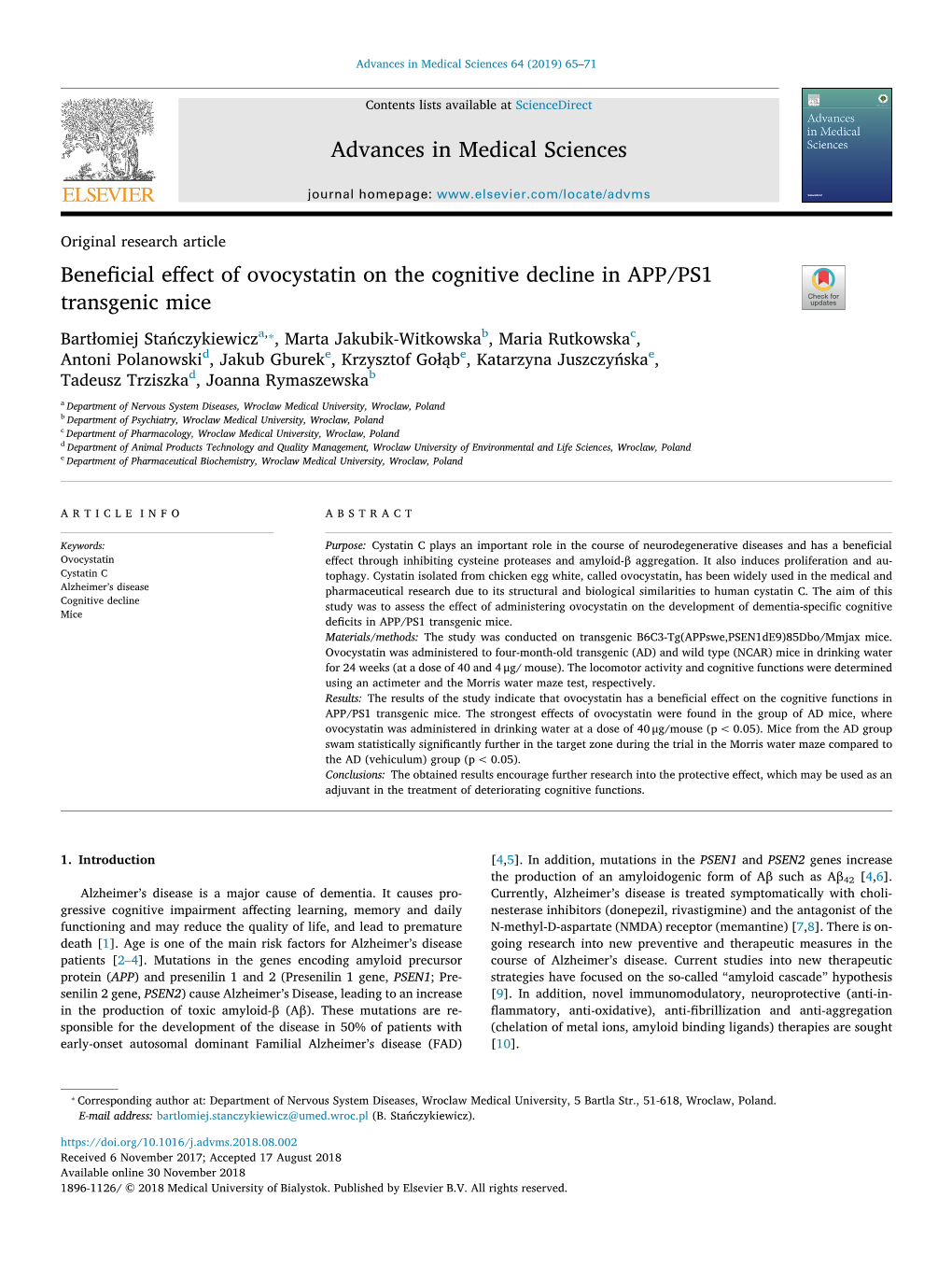 Beneficial Effect of Ovocystatin on the Cognitive Decline in APP/PS1