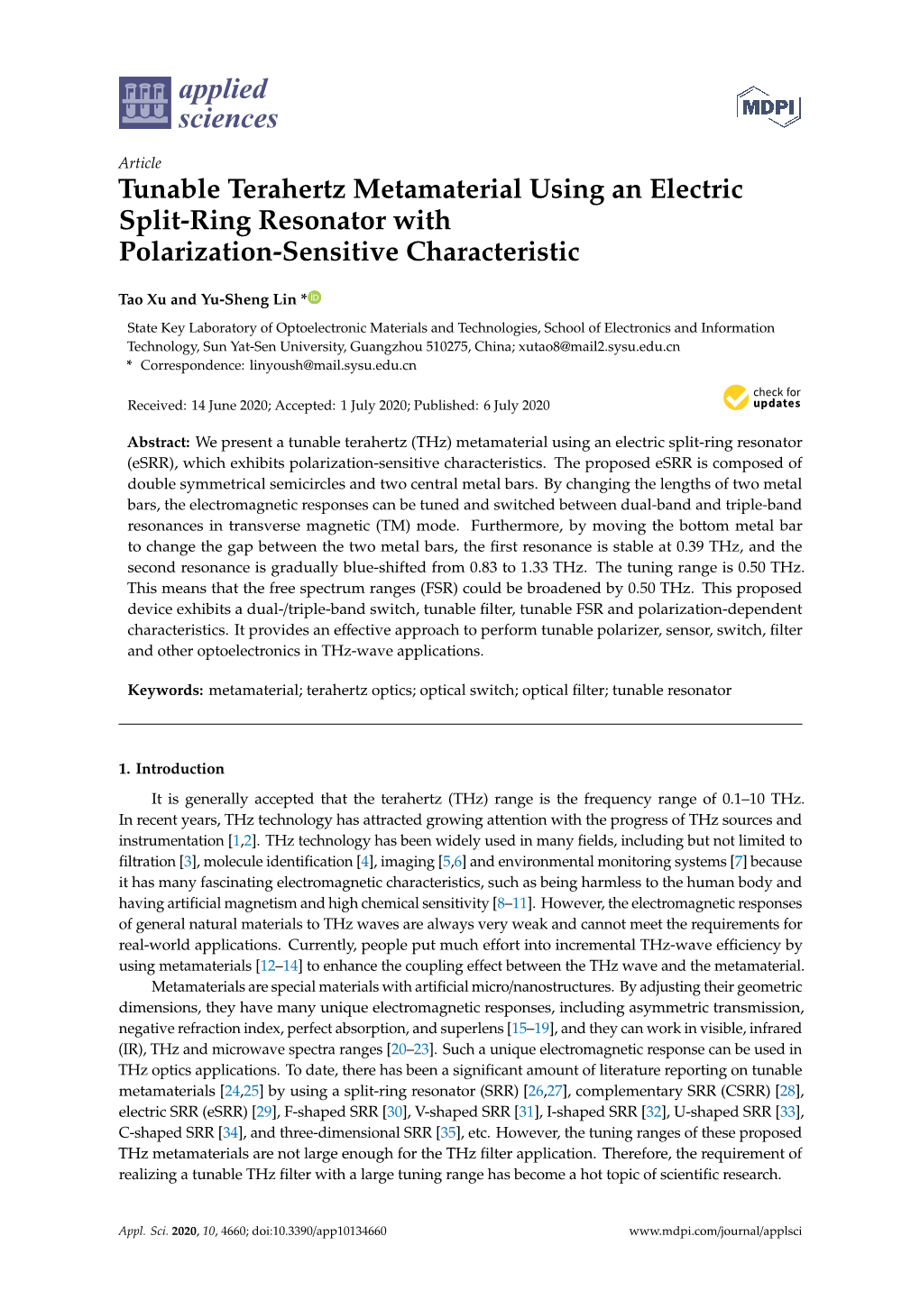 Tunable Terahertz Metamaterial Using an Electric Split-Ring Resonator with Polarization-Sensitive Characteristic