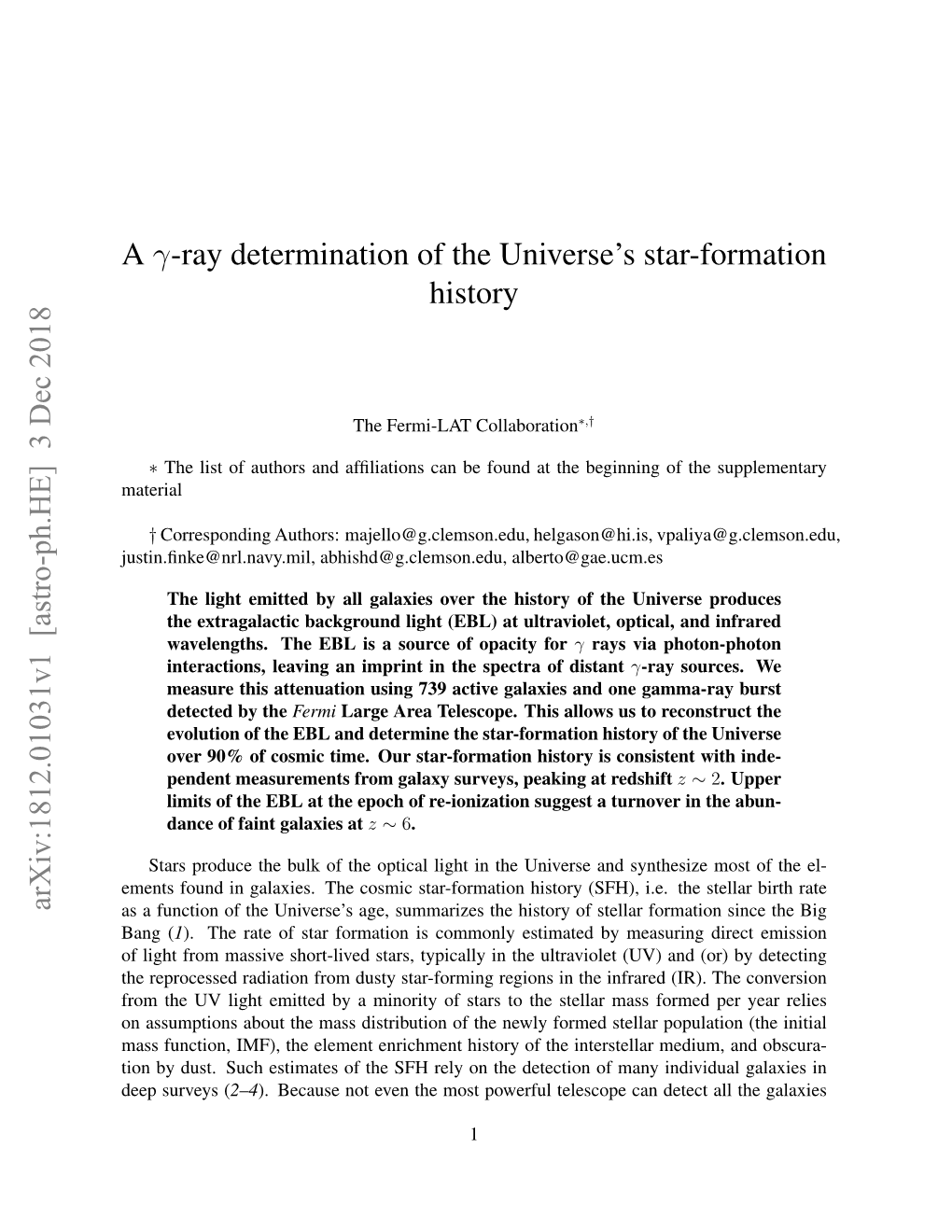 A Γ-Ray Determination of the Universe's Star-Formation History Arxiv