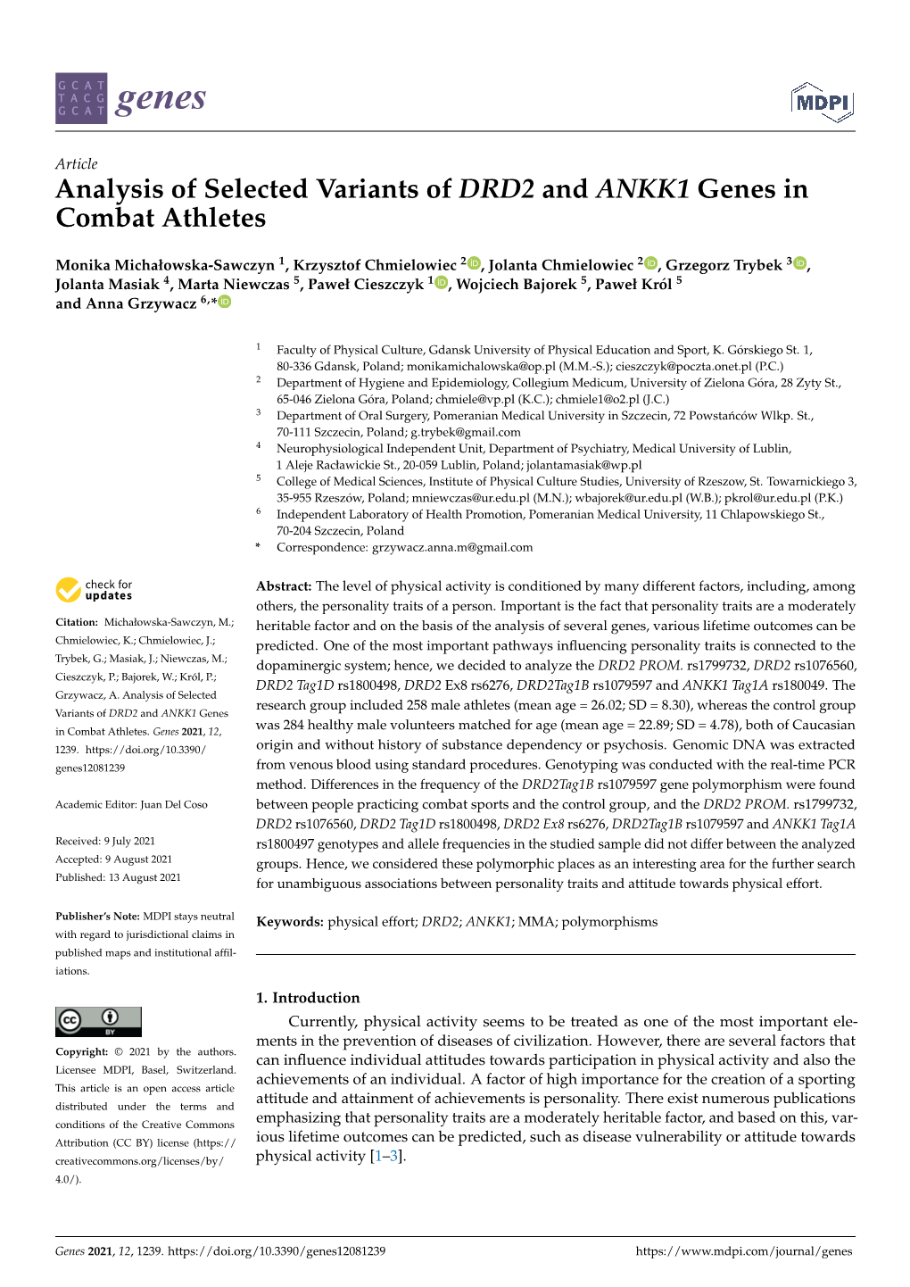 Analysis of Selected Variants of DRD2 and ANKK1 Genes in Combat Athletes