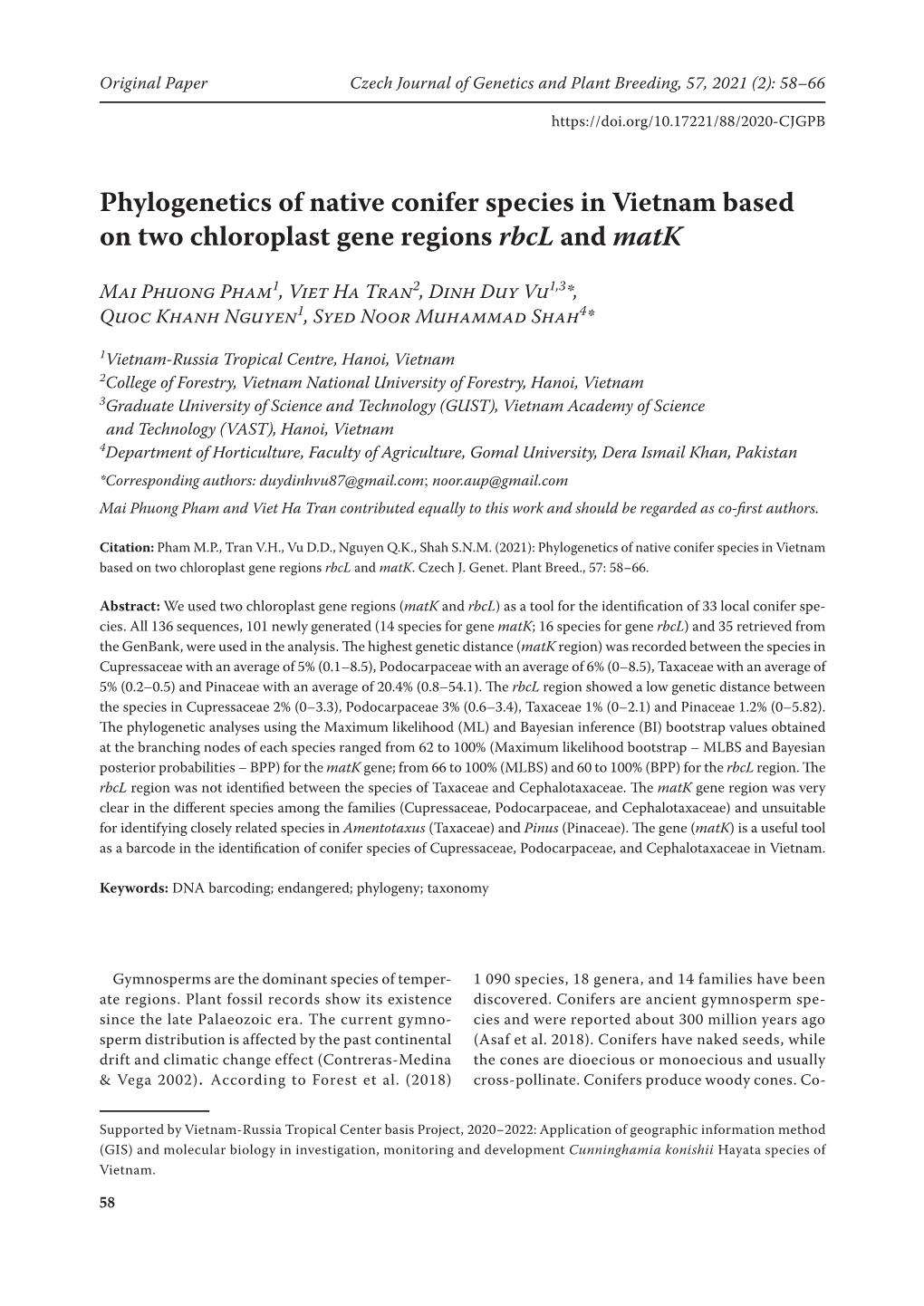 Phylogenetics of Native Conifer Species in Vietnam Based on Two Chloroplast Gene Regions Rbcl and Matk