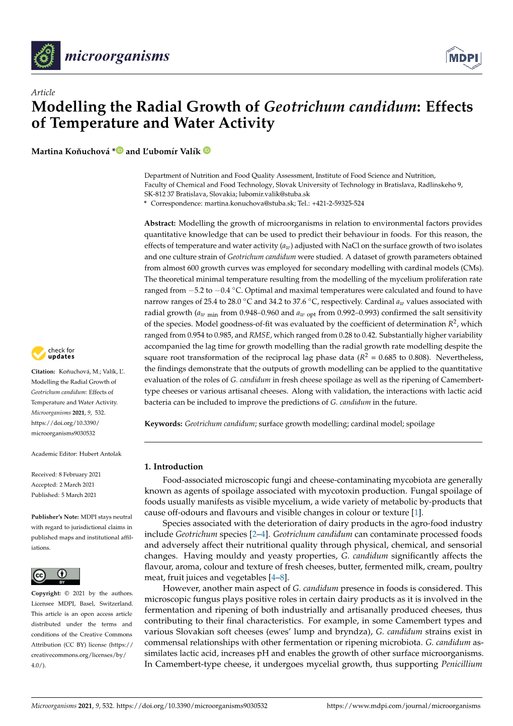 Modelling the Radial Growth of Geotrichum Candidum: Effects of Temperature and Water Activity