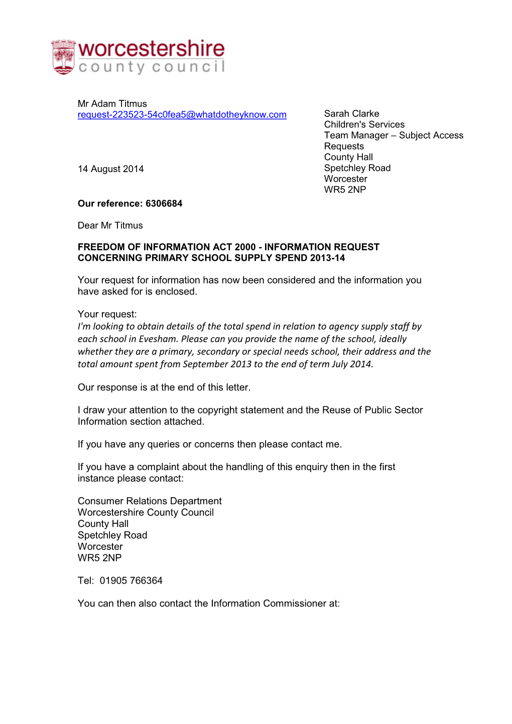 I'm Looking to Obtain Details of the Total Spend in Relation to Agency Supply Staff by Each School in Evesham. Please Can You Pr