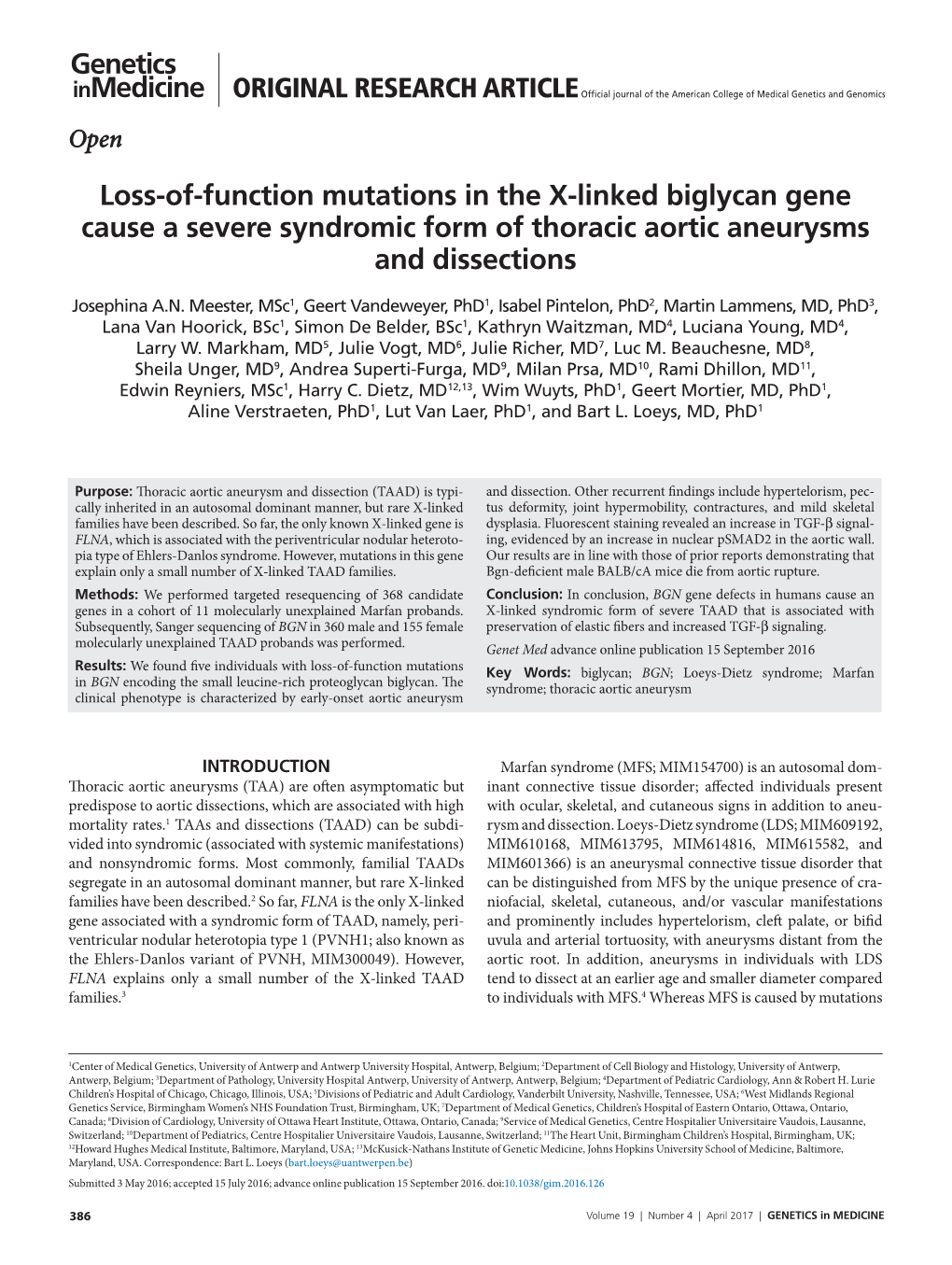 Loss-Of-Function Mutations in the X-Linked Biglycan Gene Cause a Severe Syndromic Form of Thoracic Aortic Aneurysms and Dissections