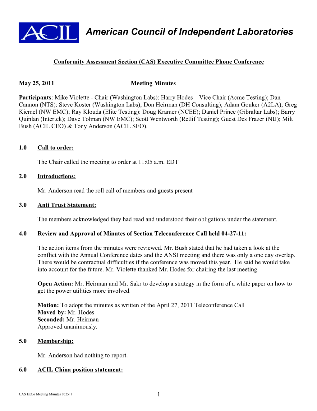 Conformity Assessment Section (CAS) Executive Committee Phone Conference