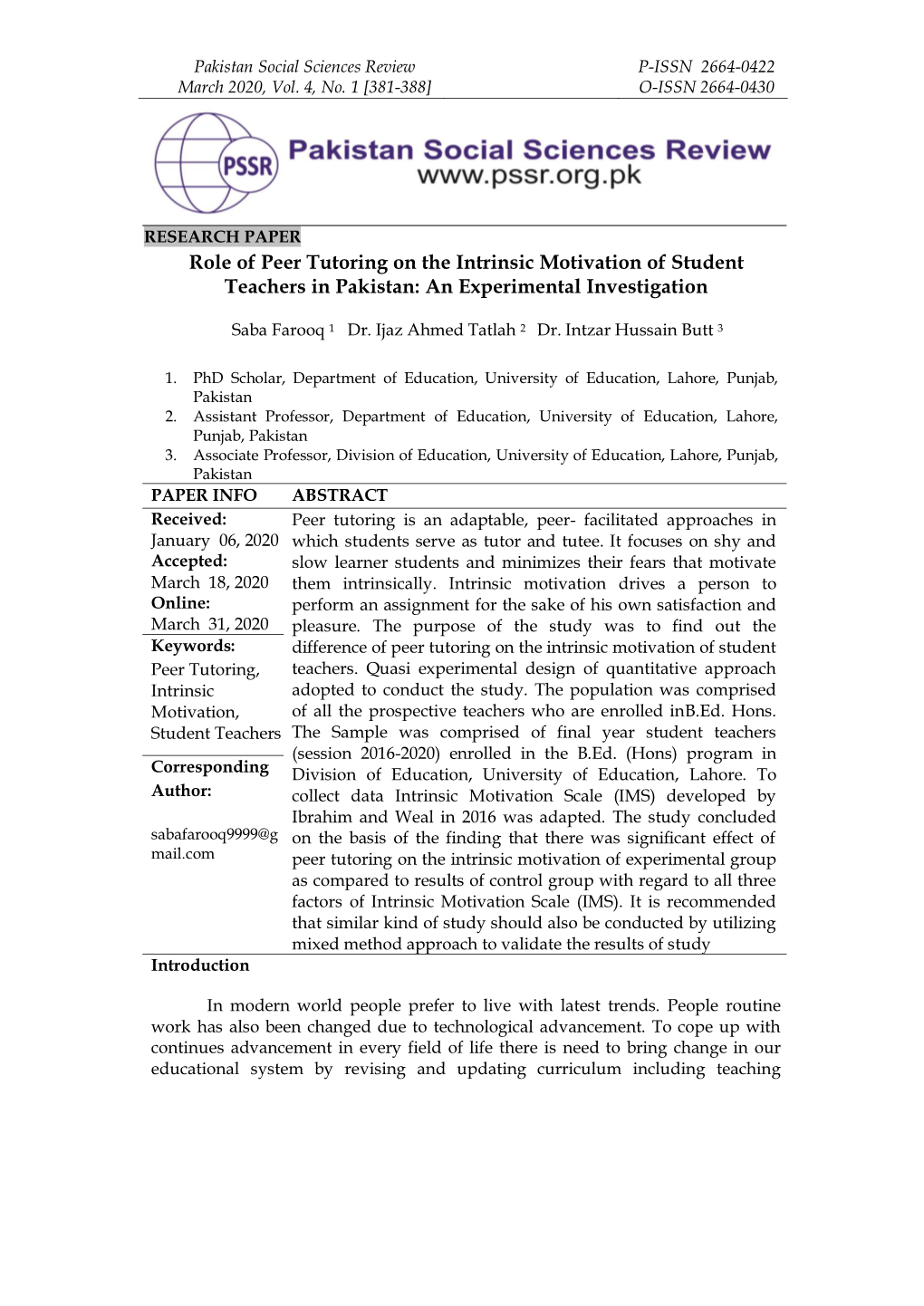 Role of Peer Tutoring on the Intrinsic Motivation of Student Teachers in Pakistan: an Experimental Investigation