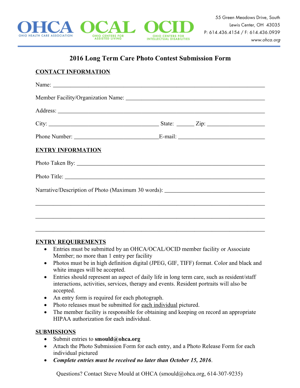 2016 Long Term Care Photo Contest Submission Form