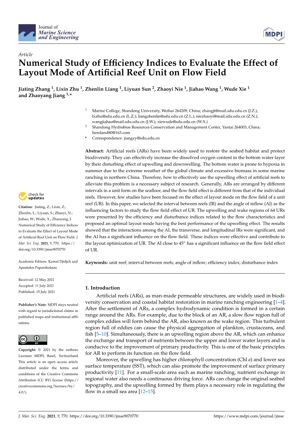 Numerical Study of Efficiency Indices to Evaluate the Effect of Layout Mode of Artificial Reef Unit on Flow Field