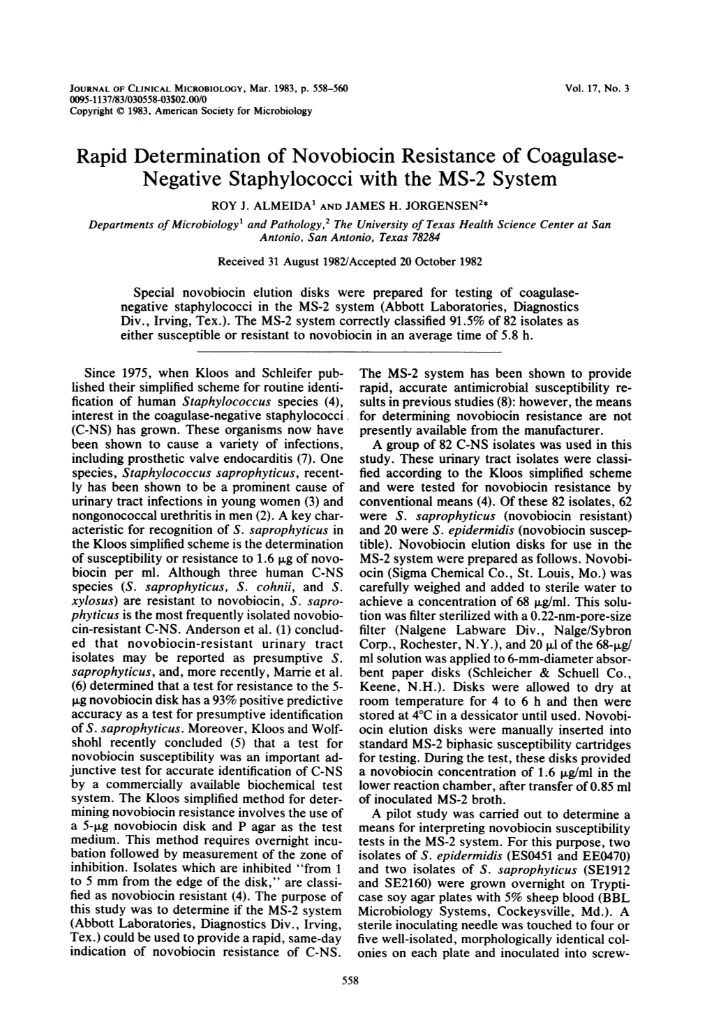 Negative Staphylococci with the MS-2 System ROY J