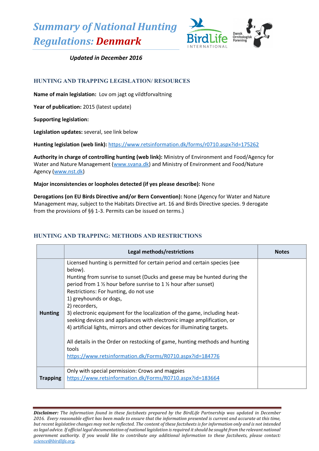 Summary of National Hunting Regulations: Denmark