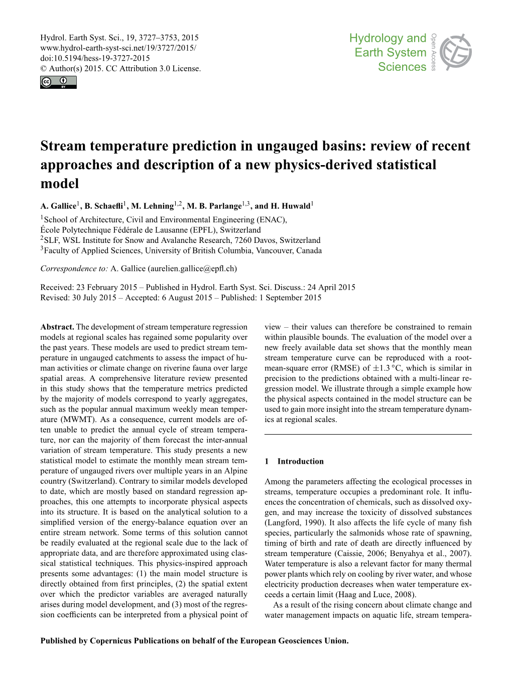 Stream Temperature Prediction in Ungauged Basins: Review of Recent Approaches and Description of a New Physics-Derived Statistical Model