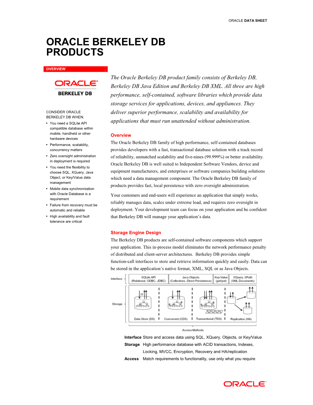 Oracle Data Sheets, Berkeley DB